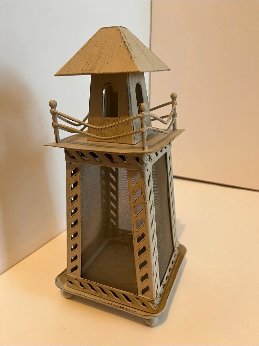 Distressed White Lighthouse-Style Decorative Candle Holder